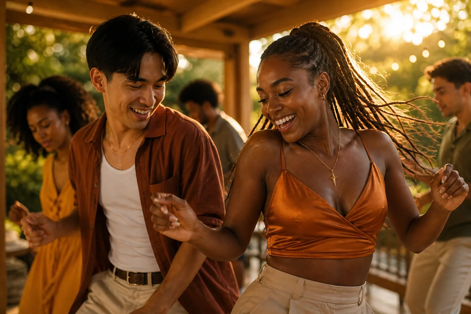 Close-in golden-hour shot: a Black woman with braids and a gold North Star Cross pendant laughs mid-dance with an East Asian man under string lights.