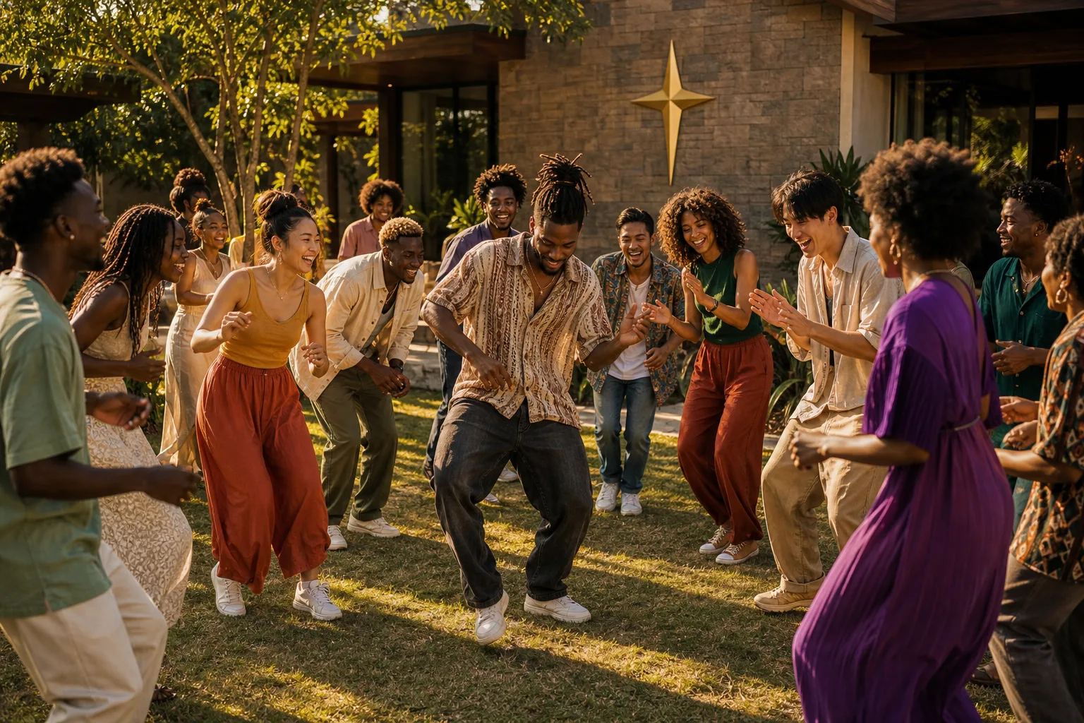 A sunlit garden dance circle at the compound, friends clapping and mid-footwork on the grass, a North Star Cross on the house wall.