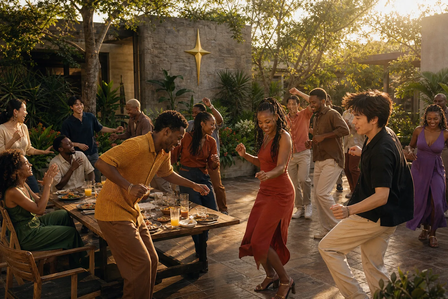 Golden-hour courtyard: a long lunch table still set while a joyful, mostly Black and visibly mixed group of young people is up dancing around it, a brass North Star Cross on the stone wall behind them.
