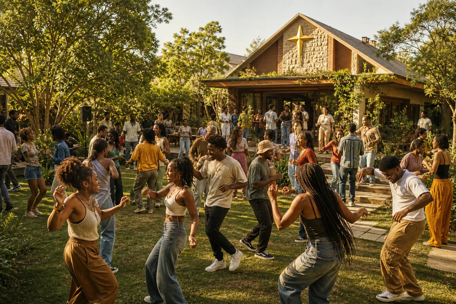 Wide midday view of the whole compound garden alive with dancers, a North Star Cross prominent on the main gable.
